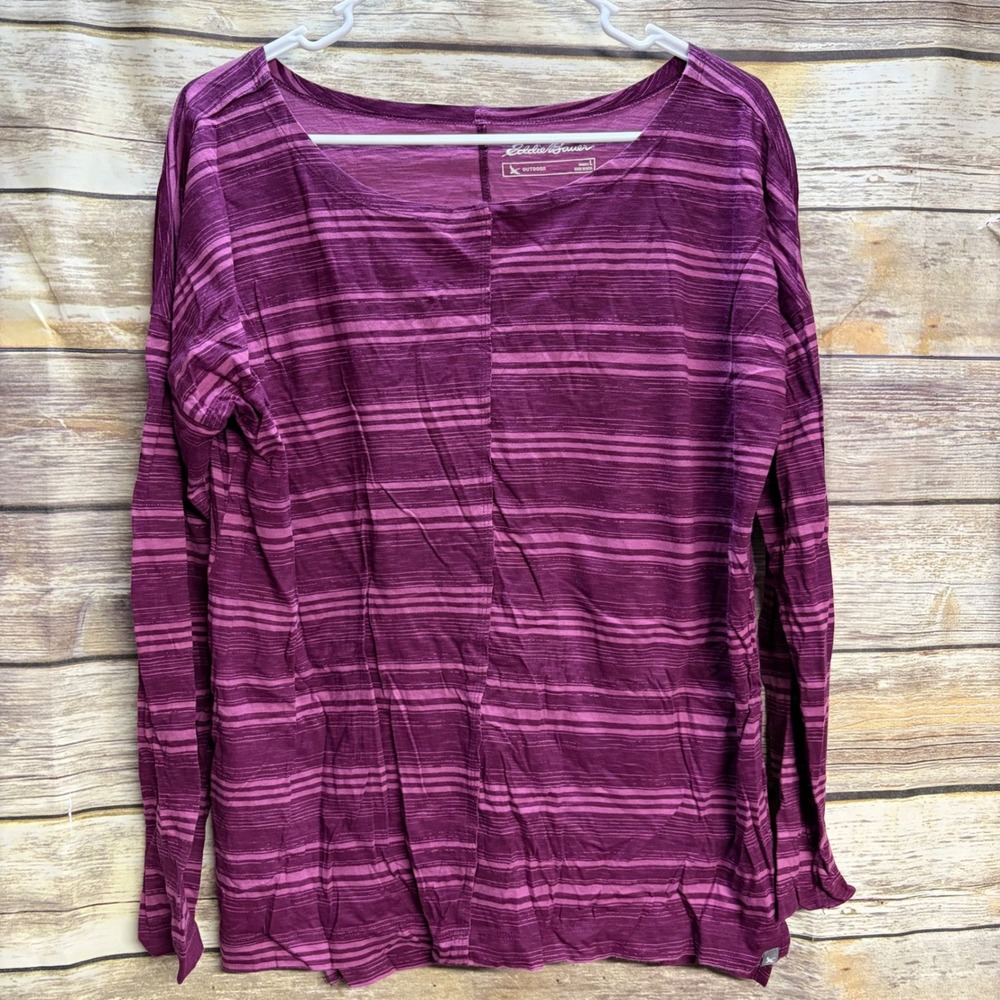 Eddie Bauer Outdoor Womens Large Purple Striped Long Sleeve Scoop Neck Top